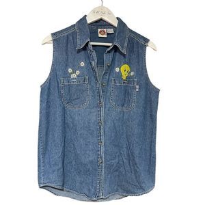 Looney Tunes Vintage Sleeveless Denim Top 90’s Tweety Bird Medium EUC